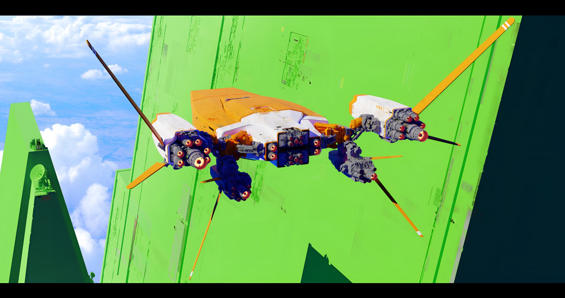 HD desktop wallpaper featuring a colorful sci-fi spaceship with orange and yellow accents flying against a vivid green sky.