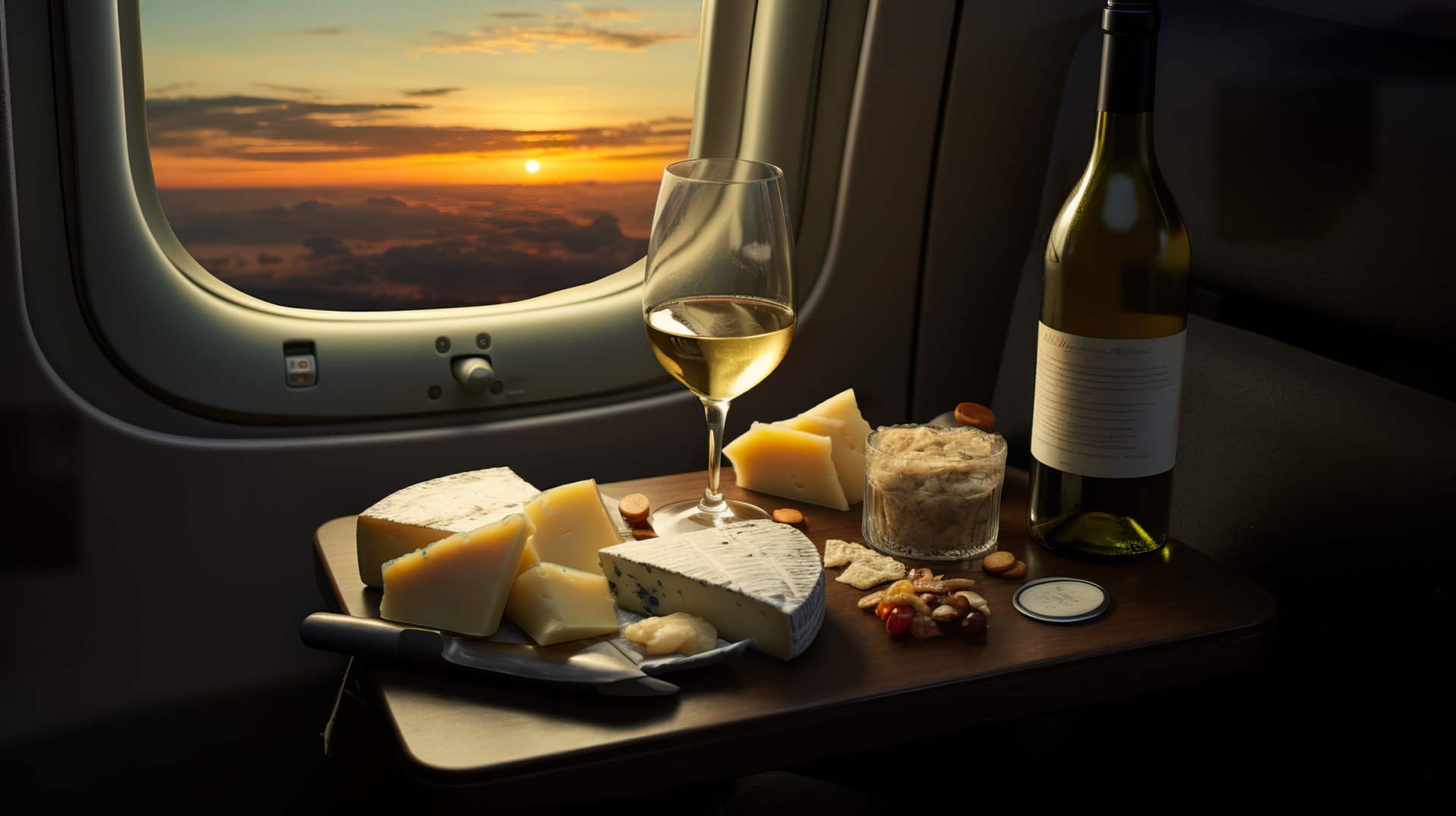 HD desktop wallpaper featuring a still life of wine and cheese by an airplane window, overlooking a sunset.