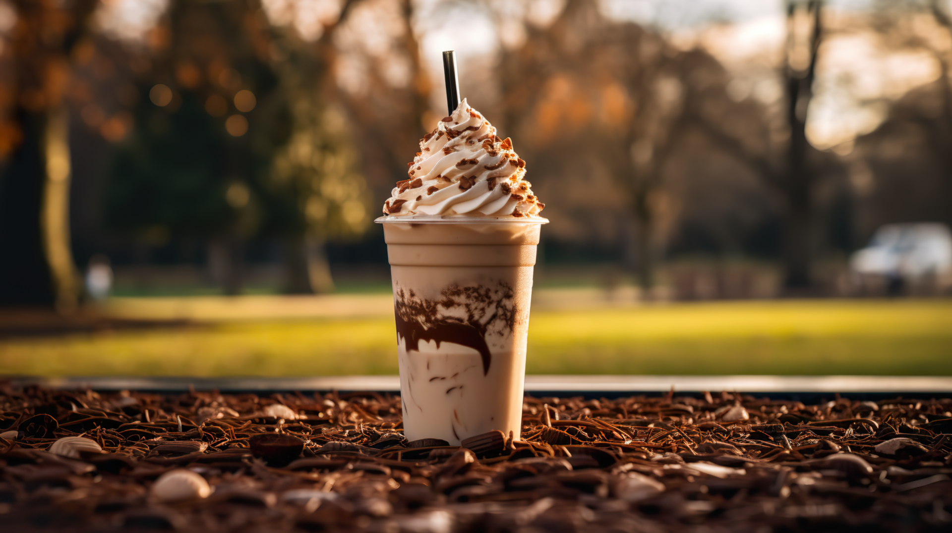 HD desktop wallpaper featuring a vanilla coffee milkshake with whipped cream, set against an autumnal park backdrop.