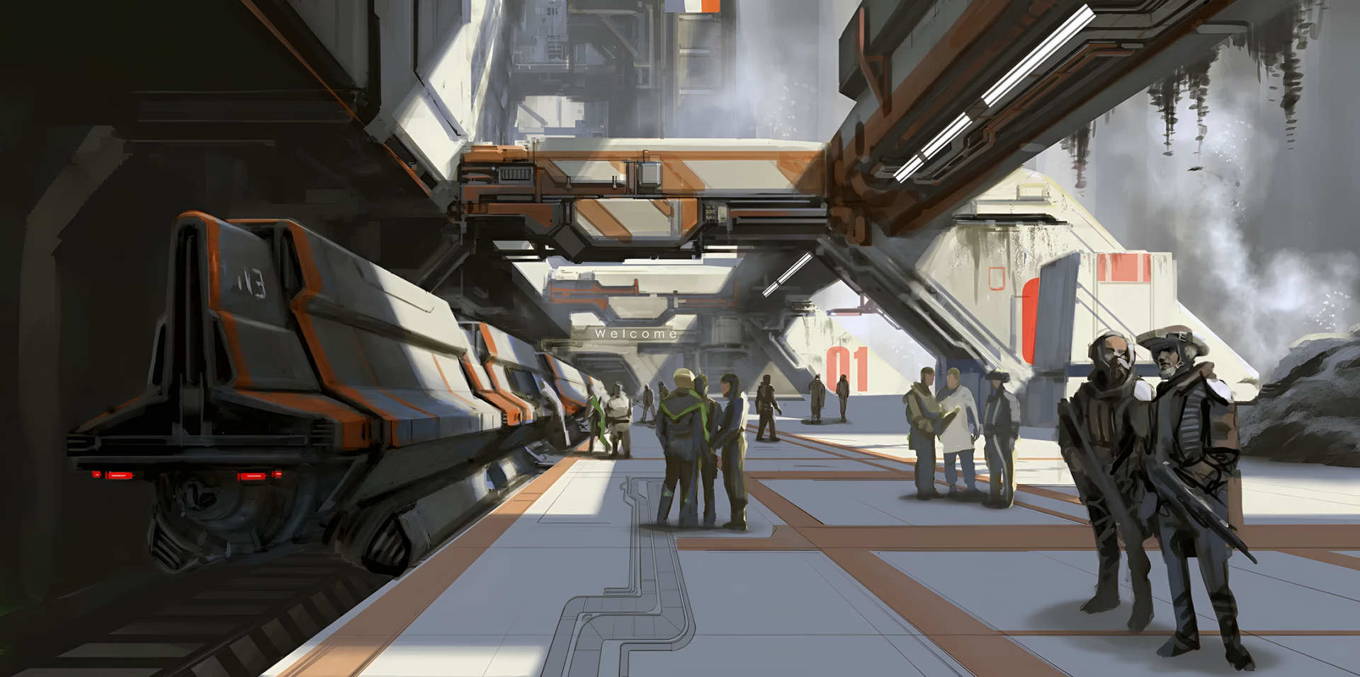 HD desktop wallpaper of a bustling spaceport scene from the video game Starfield, featuring spacecraft, crew members, and futuristic architecture.