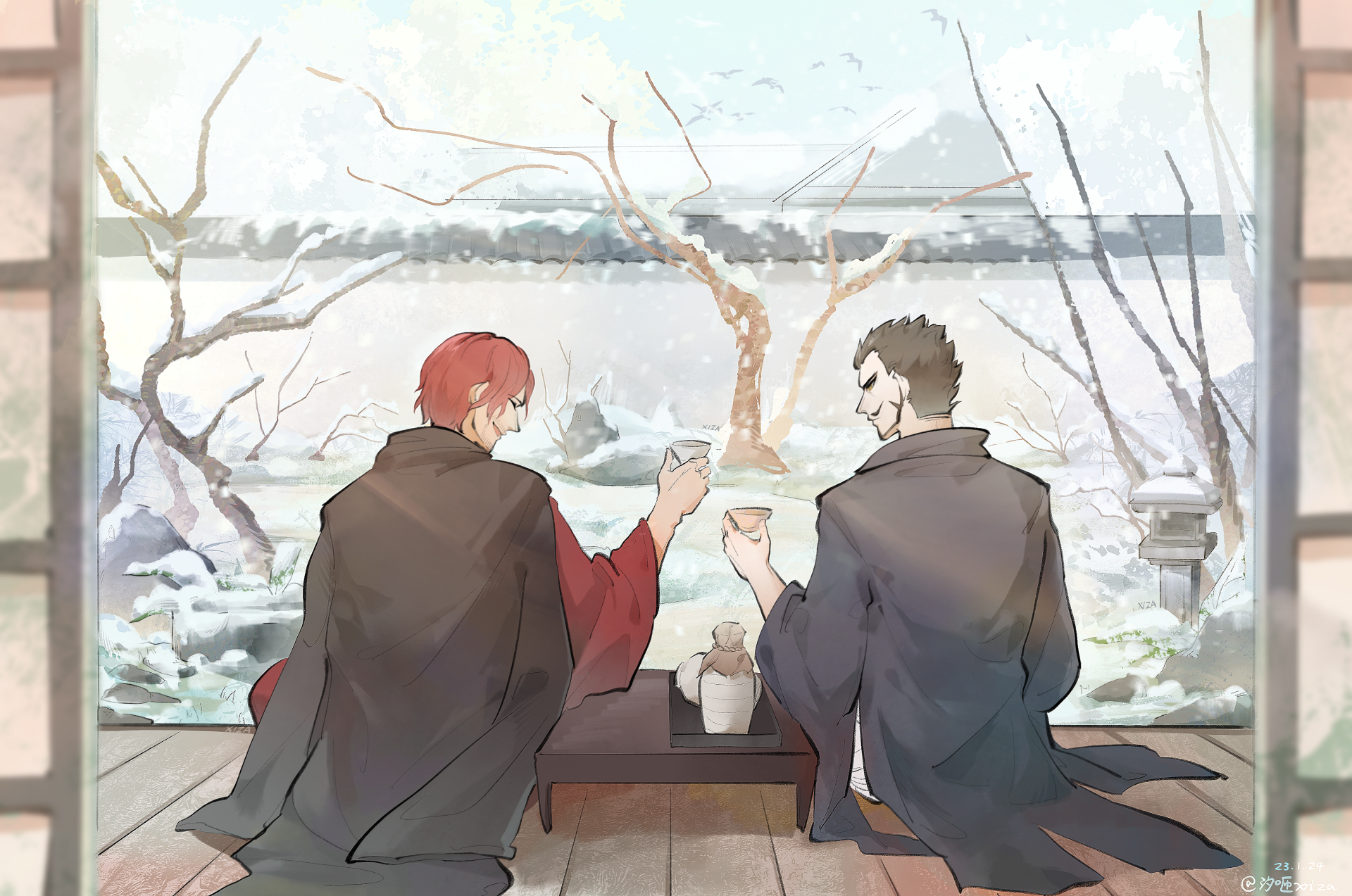 HD anime wallpaper featuring Shanks and Dracule Mihawk from One Piece sharing a quiet moment by a snowy window.