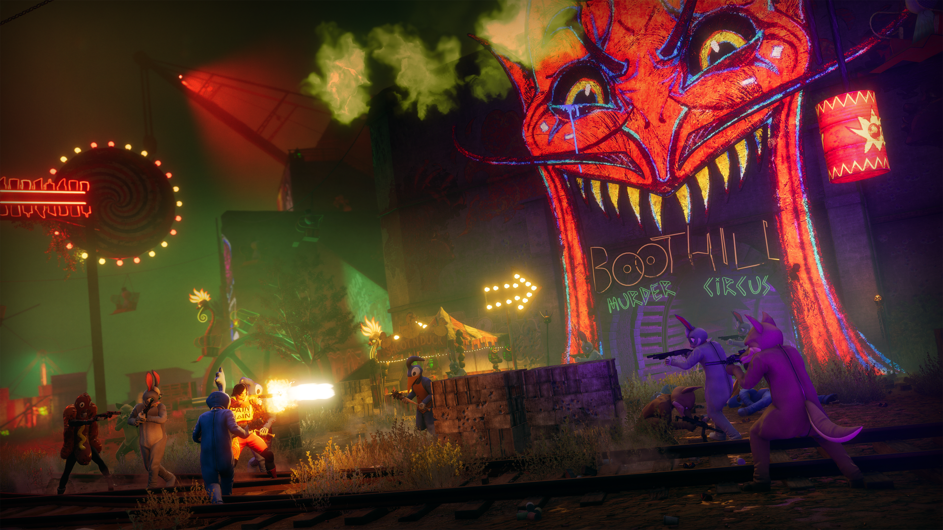 HD desktop wallpaper from Saints Row (2022) featuring a vibrant circus scene with characters in action and a large, menacing neon dragon decoration.