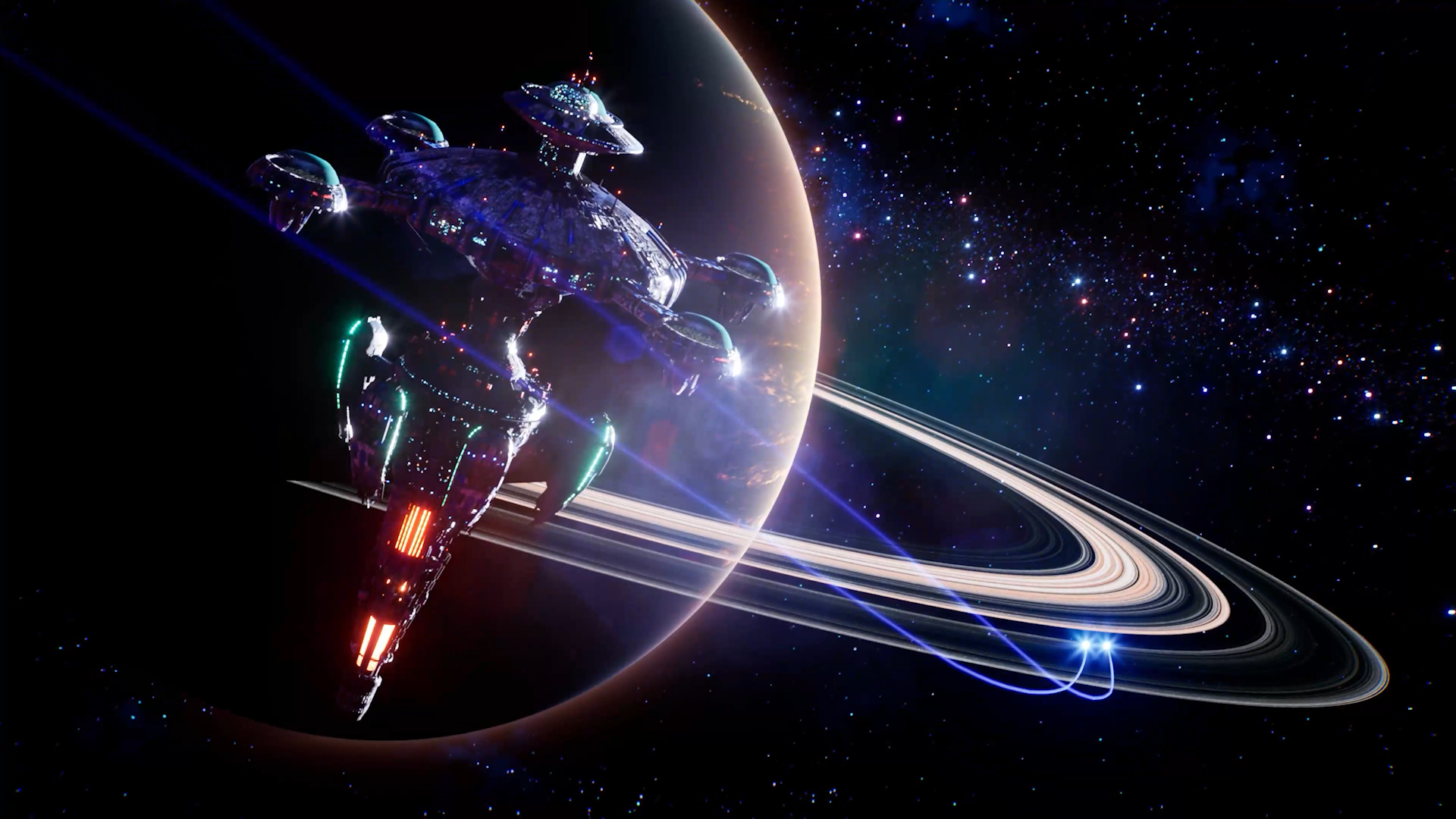 HD desktop wallpaper from the System Shock (2023) video game featuring a futuristic spaceship orbiting a ringed planet against a starry sky backdrop.