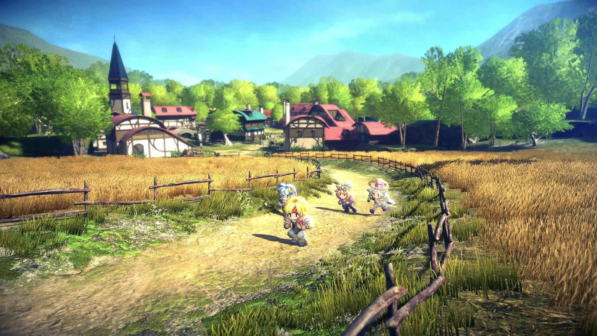 HD desktop wallpaper from Star Ocean: The Second Story R featuring characters exploring a vibrant, pastoral village.