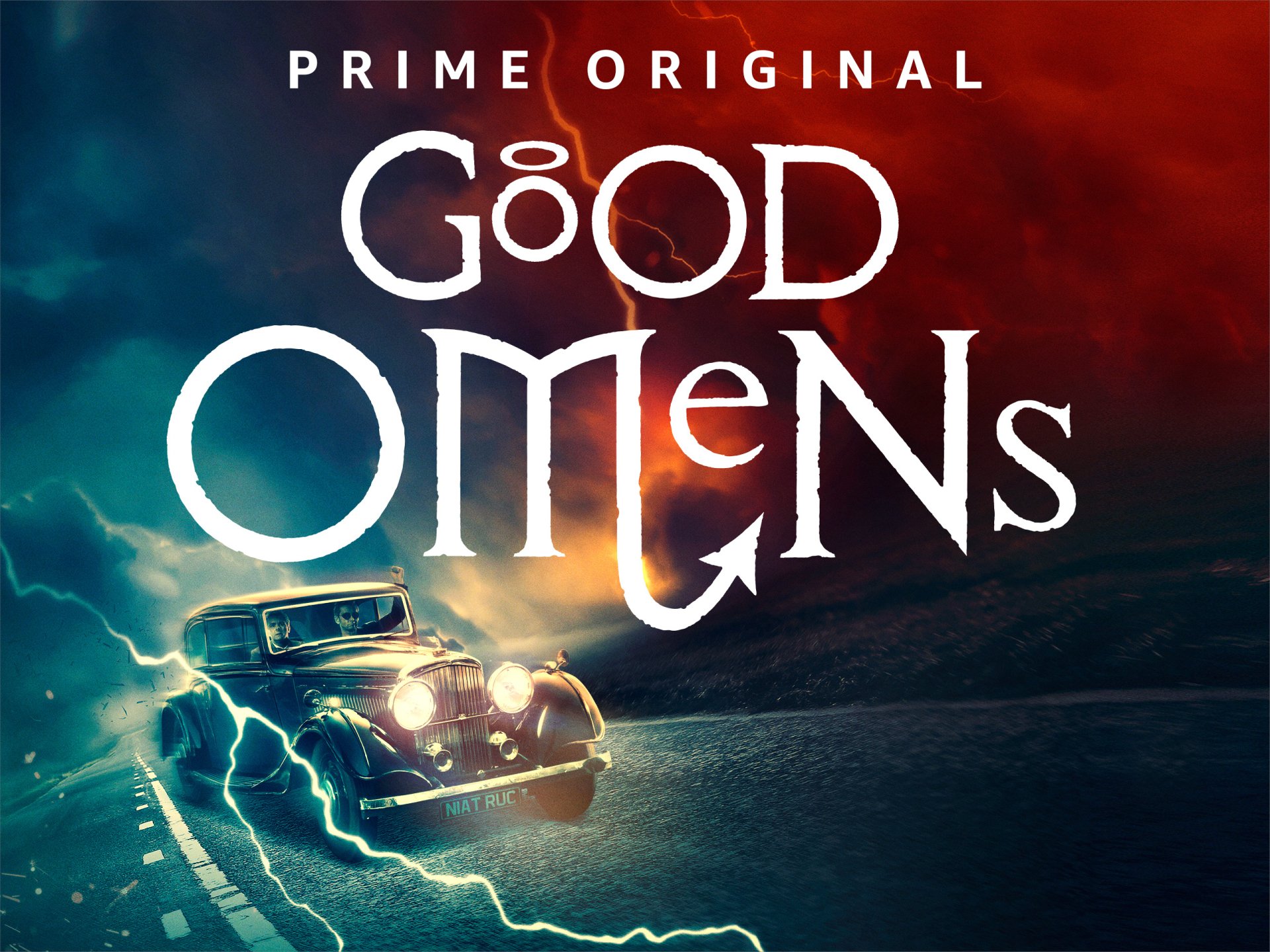 Good Omens TV show 2K Quad HD PC desktop wallpaper: vintage car crackling with lightning on a road beneath a split red and blue stormy sky, Good Omens logo above.