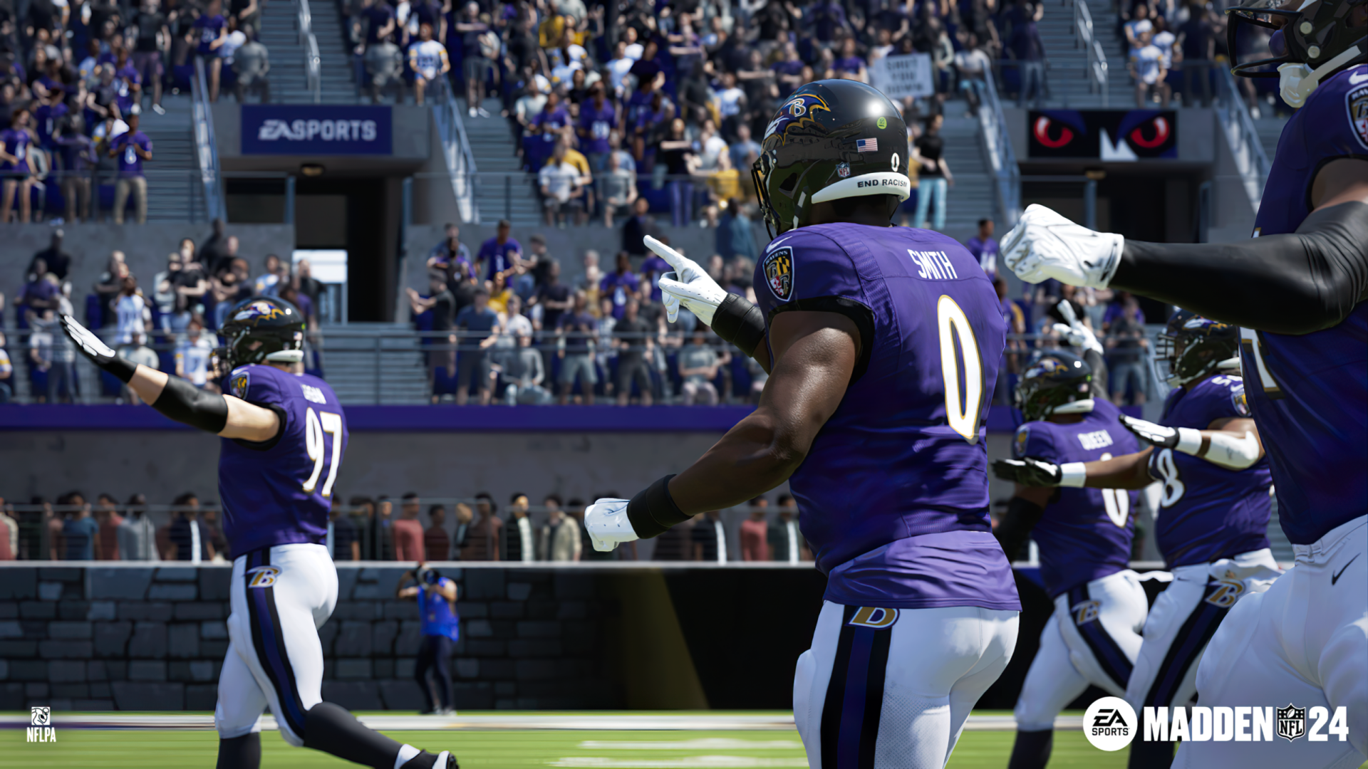 HD desktop wallpaper from Madden NFL 24, featuring an in-game scene with a football player celebrating a touchdown.