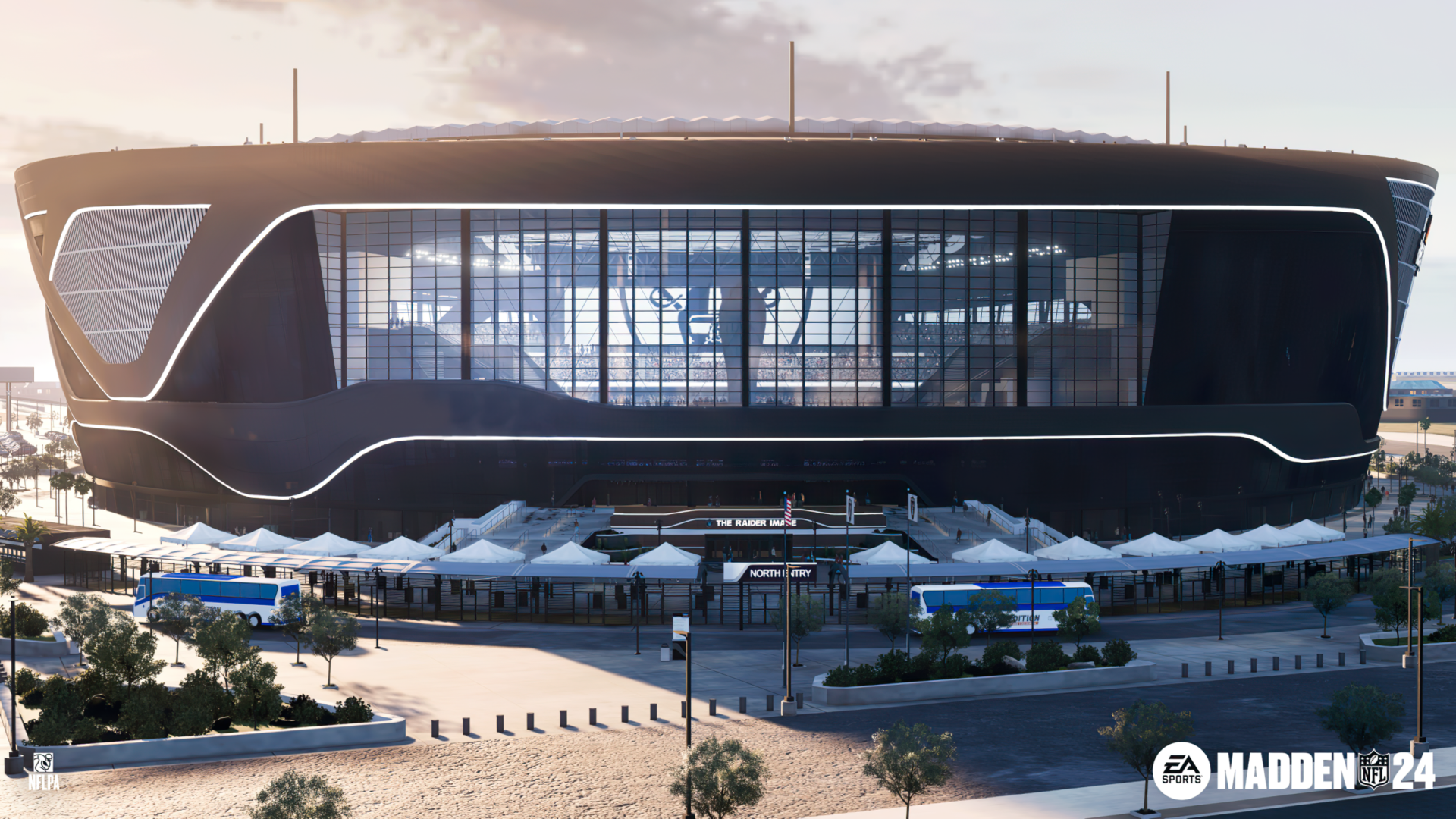 HD desktop wallpaper featuring the exterior of a stadium from Madden NFL 24, capturing a stunning modern architectural design.