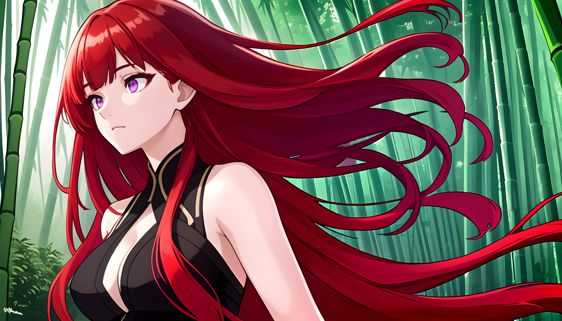 A vibrant 4K Ultra HD anime-style digital artwork of a red-haired girl with flowing hair set against a lush green bamboo forest background.