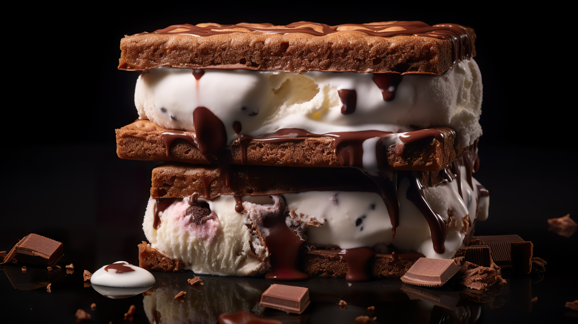 HD desktop wallpaper of a stacked ice cream sandwich dripping with chocolate sauce, surrounded by chunks of chocolate, set against a dark background.