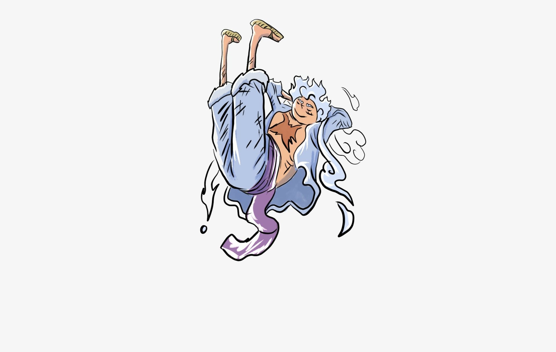 HD PC desktop wallpaper of Monkey D. Luffy in Gear 5 (One Piece), stylized anime pose with stretchy limbs and a playful grin on a pale background.