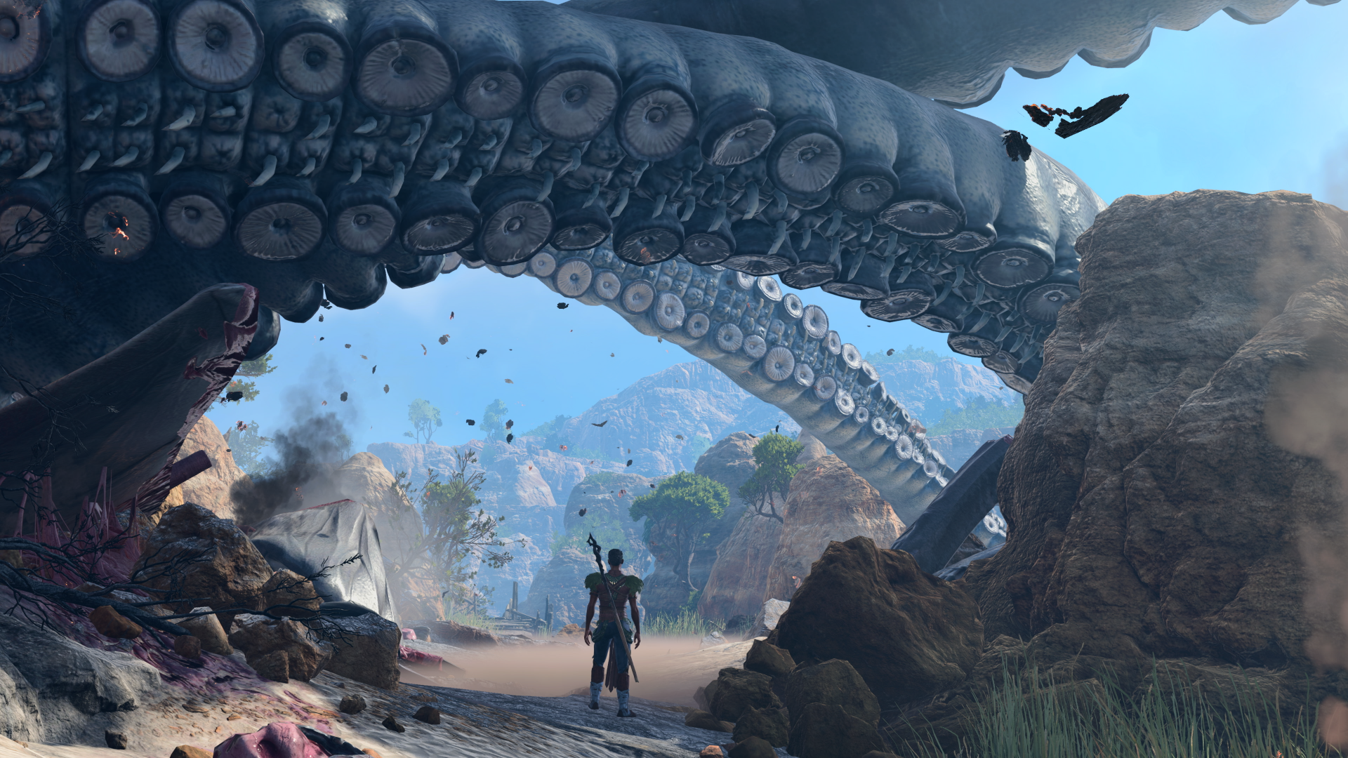 HD wallpaper featuring a dramatic scene from Baldur's Gate 3 with a character facing a giant tentacled creature in a fantasy landscape.