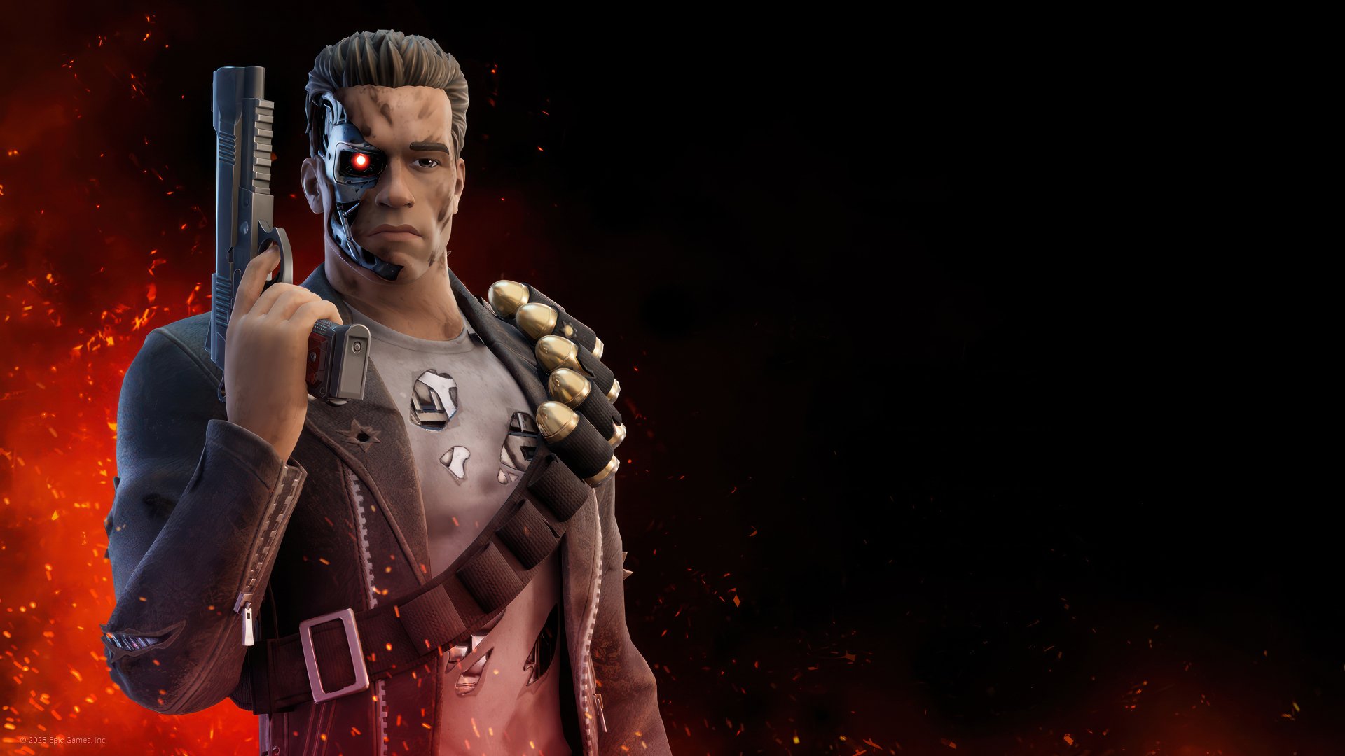 4K Ultra HD Fortnite character wallpaper featuring a futuristic soldier with a glowing red cybernetic eye and a weapon, set against a dark fiery background.