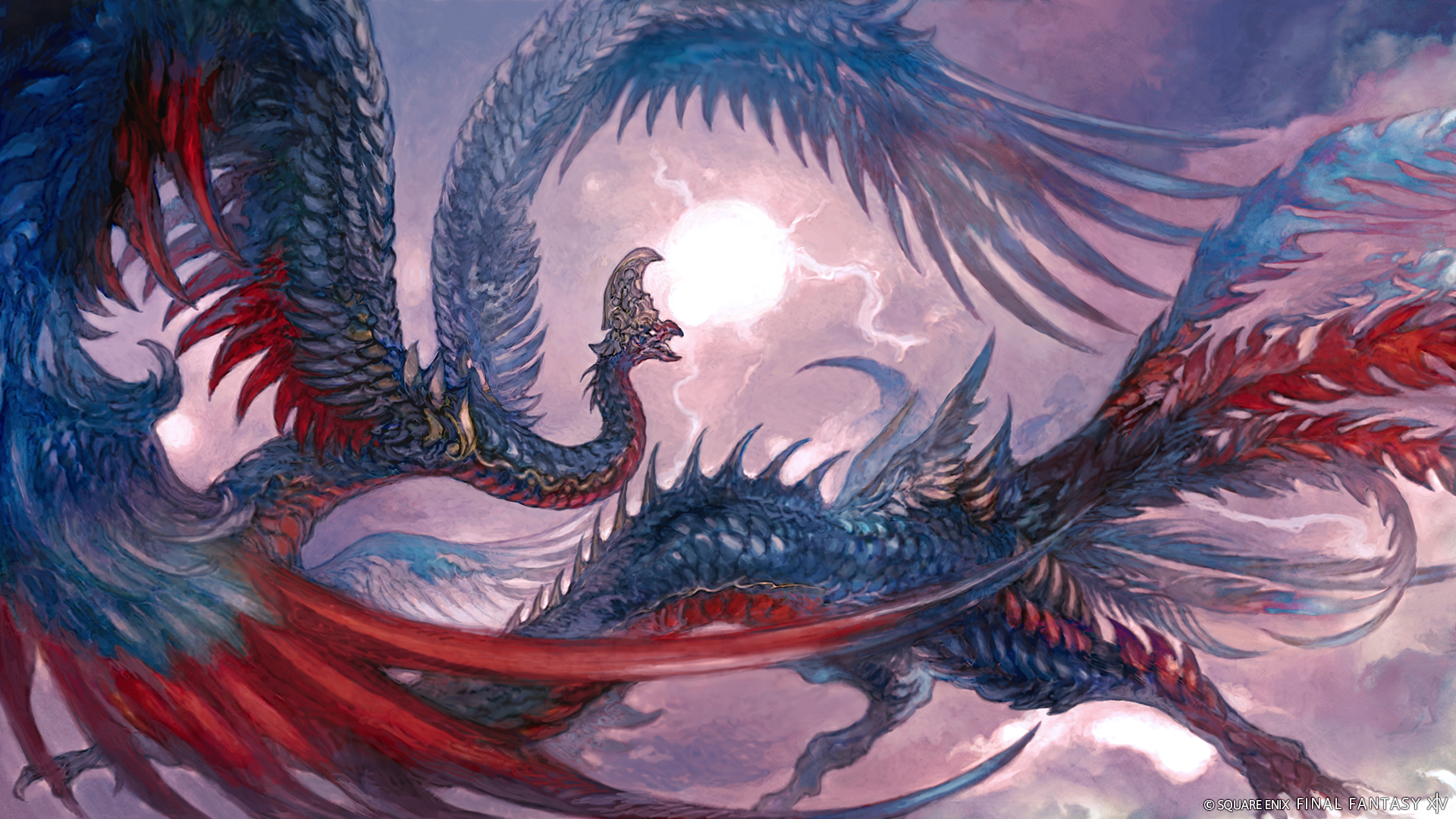 HD desktop wallpaper from Final Fantasy XIV: Dawntrail depicting a dynamic battle between two majestic, mythical dragons in a vibrant, fantasy sky.