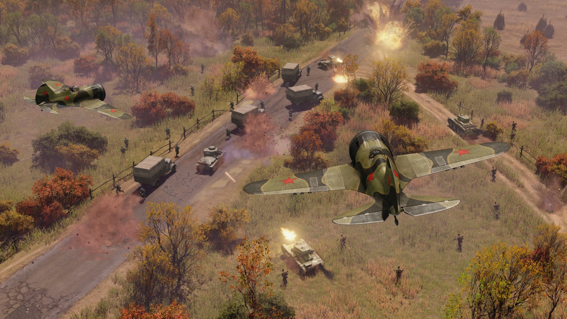 High-definition desktop wallpaper of Men of War II game featuring a dynamic battlefield scene with a military airplane, vehicles, and autumn foliage.