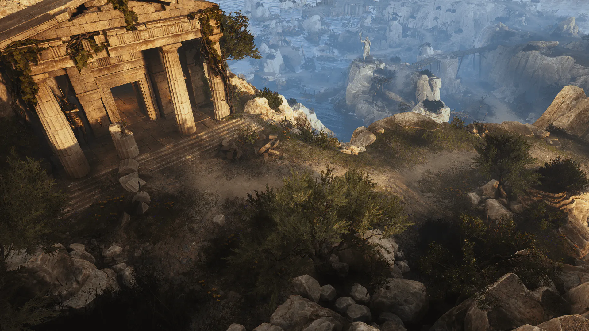 Titan Quest II HD desktop wallpaper featuring ancient temple ruins overlooking a valley.