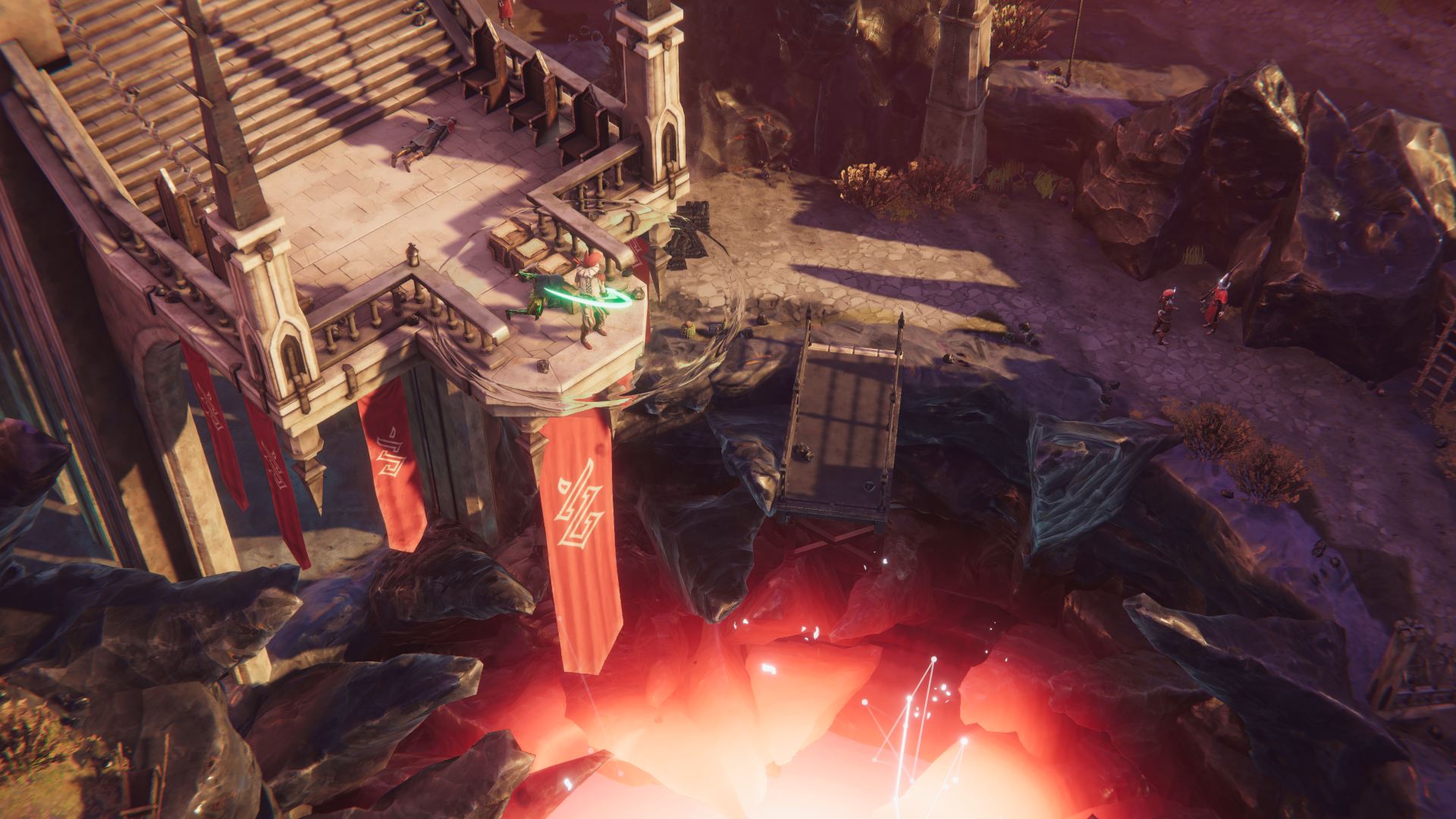 HD wallpaper of Shadow Gambit: The Cursed Crew game, featuring a mysterious, ancient ruin environment with a glowing red portal.