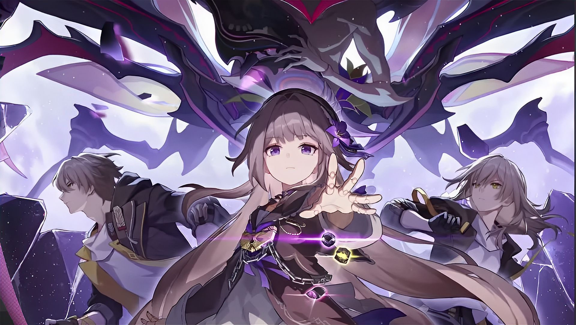 Video game Honkai: Star Rail characters pose amid purple energy and looming shadowy wings — 2K Quad HD PC desktop wallpaper and background.