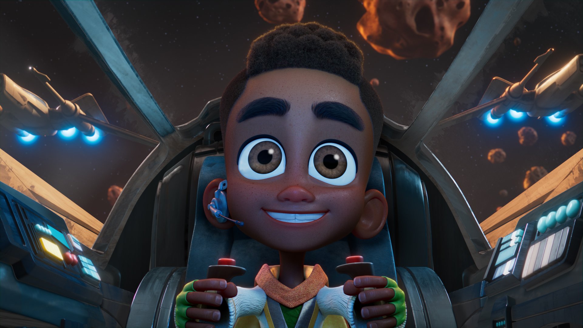 HD desktop wallpaper featuring a young animated Jedi pilot from Star Wars: Young Jedi Adventures, with a starship cockpit background.