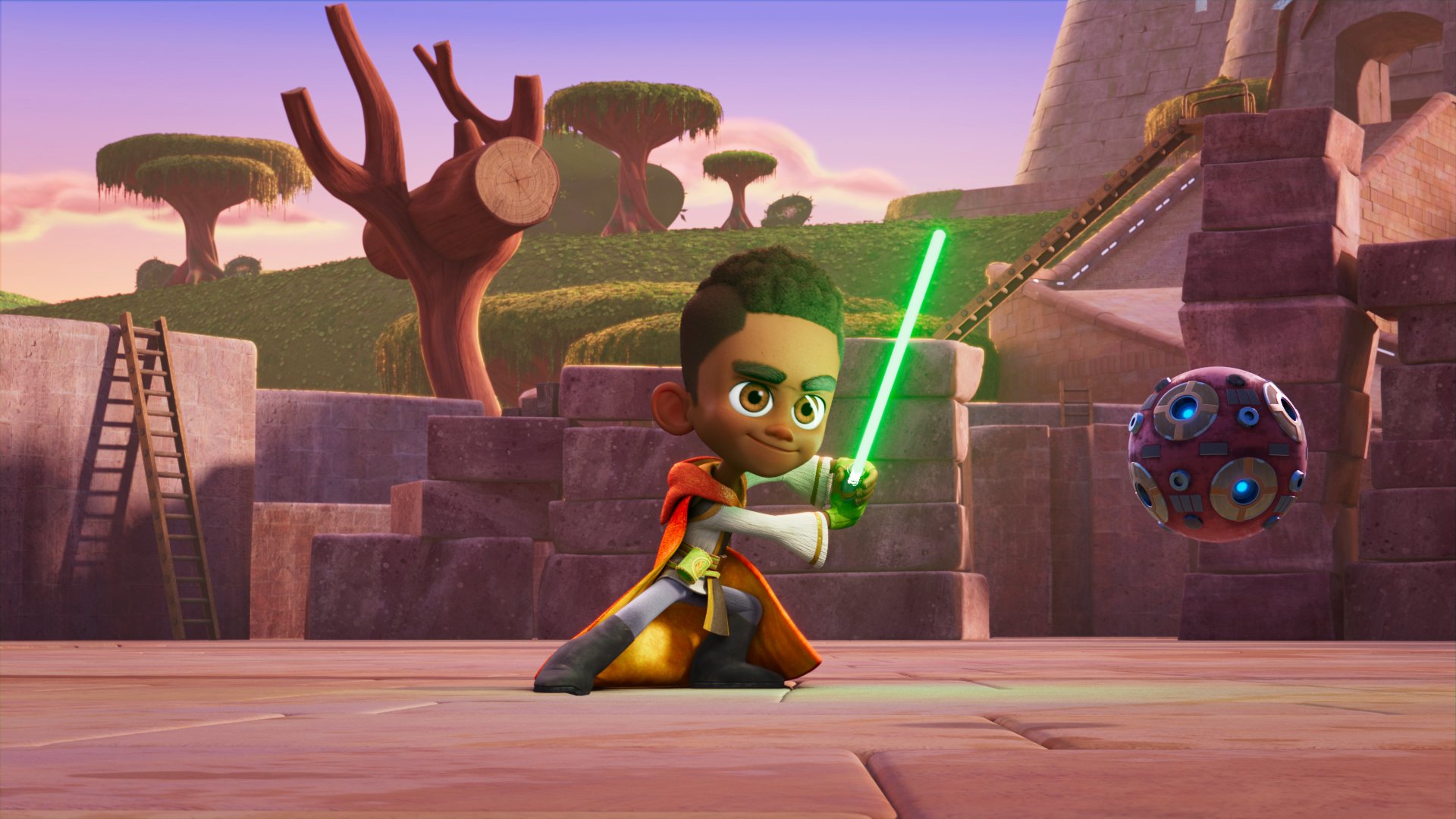 HD desktop wallpaper featuring an animated young Jedi with a green lightsaber from Star Wars: Young Jedi Adventures series.