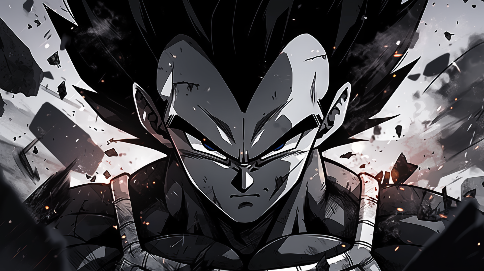 HD desktop wallpaper featuring Vegeta from Dragon Ball Z in a dynamic manga style, set against a dramatic shattered background.