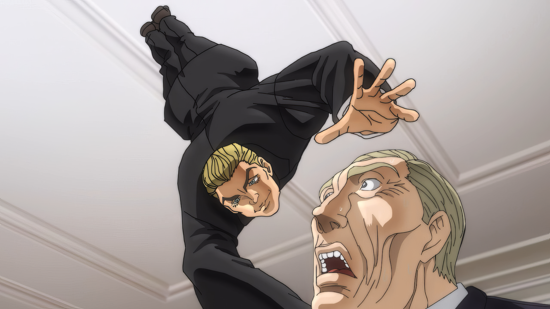 A dynamic HD desktop wallpaper featuring Baki Hanma, showcasing an intense moment with a character executing a powerful move while another looks on in shock.