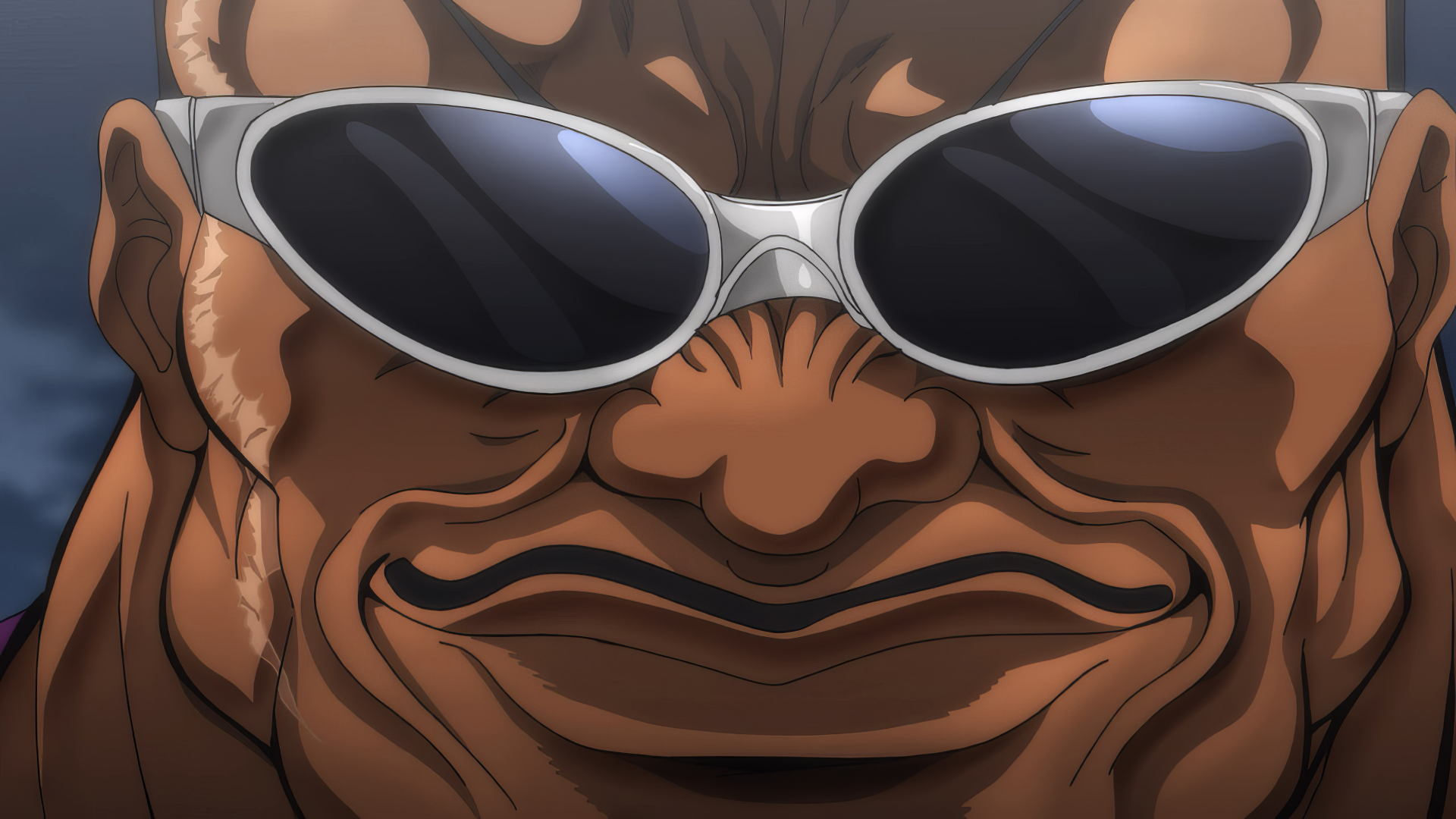 HD desktop wallpaper featuring Biscuit Oliva from the anime Baki Hanma, showcasing his muscular face and sunglasses.