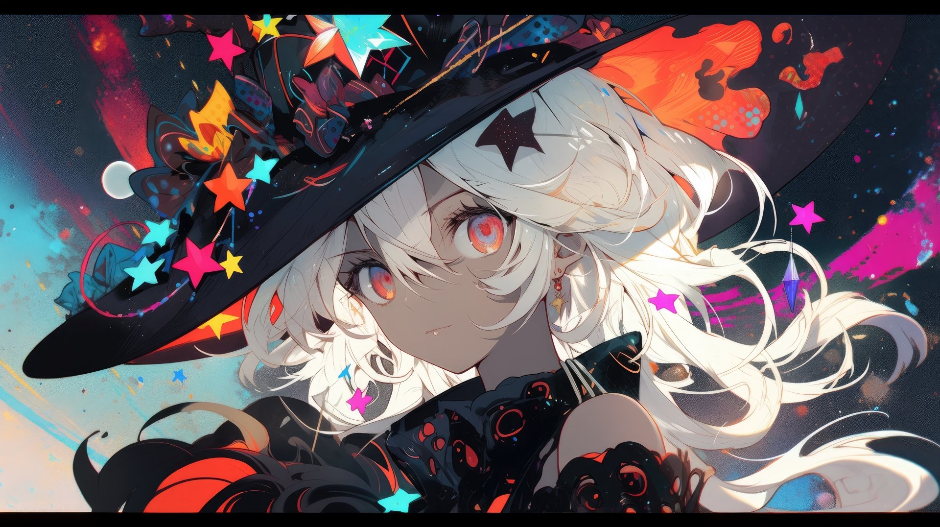 Anime girl with striking red eyes and flowing white hair, wearing a star-adorned witch hat against a vibrant, colorful background. 8K Ultra HD PC desktop wallpaper.