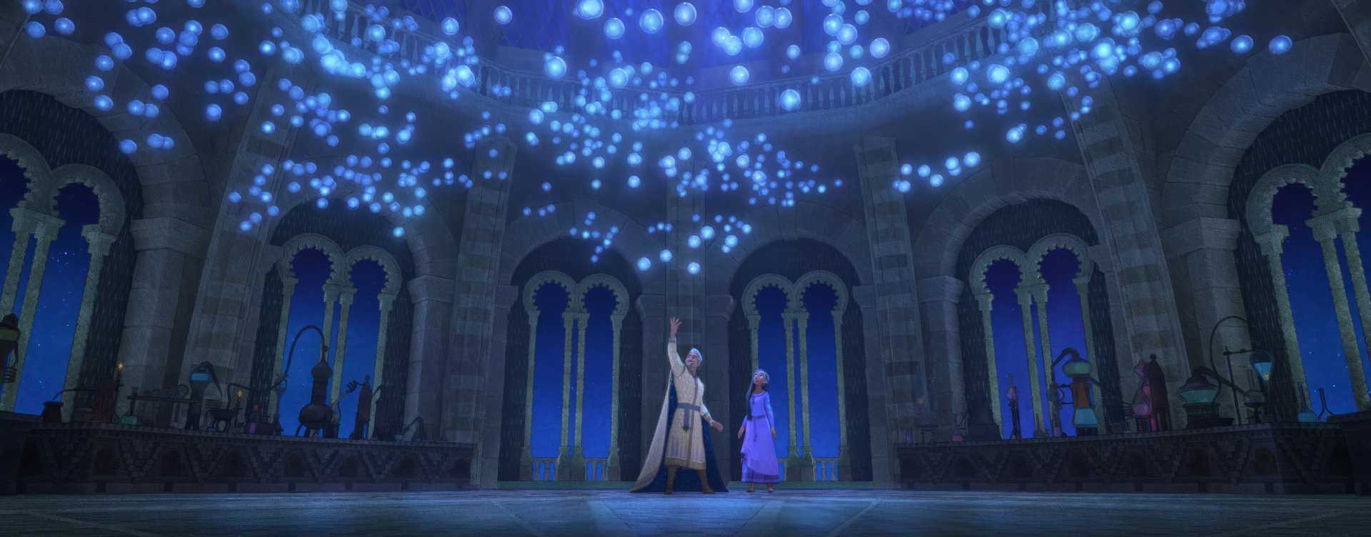 HD desktop wallpaper featuring a magical scene from Wish (2023) with animated characters surrounded by glowing orbs in a grand hall.