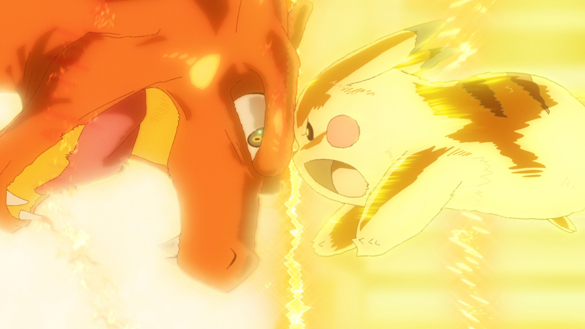 HD wallpaper of Charmander and Pikachu from Pokémon Ultimate Journeys: The Series, showcasing the characters in a vibrant face-off.