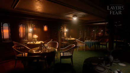 HD desktop wallpaper of Layers of Fear game showing an atmospheric Victorian-style dining room with dim lighting and elegant table settings, creating a moody and suspenseful background.