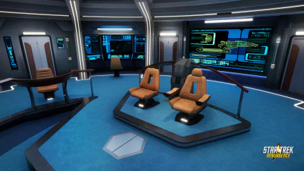 HD desktop wallpaper featuring the bridge of a starship from Star Trek: Resurgence video game with captain's chairs and futuristic control panels.