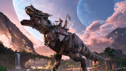 HD wallpaper of Ark 2 featuring characters riding a dinosaur with lush scenery and a dramatic sky with twin moons in the background.