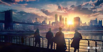 HD wallpaper from Payday 3, featuring silhouetted characters at sunset, overlooking a vibrant city skyline with reflections on the water.