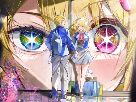 Anime HD wallpaper featuring Ruby Hoshino and Aquamarine Hoshino from Oshi no Ko. They stand holding hands with colorful starry eyes gazing in the background, creating a visually stunning scene.