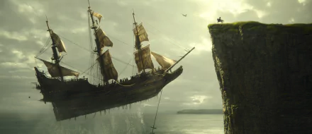 HD wallpaper featuring the iconic scene from Peter Pan with the pirate ship near a cliff and Wendy standing on the edge, representing a magical moment of the story.