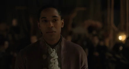 HD desktop wallpaper featuring a poised individual in a chevalier-style outfit with a ruffled cravat and antique ambiance background.