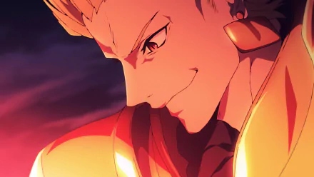 HD desktop wallpaper from Fate/strange fake featuring a smirking character with golden earrings against a crimson sky backdrop.