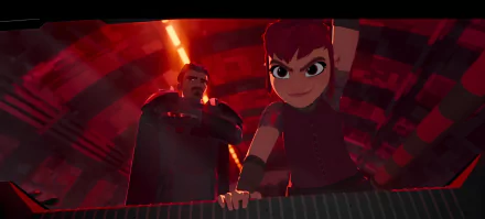 Vibrant HD desktop wallpaper from the movie Nimona, featuring a spirited character with red hair and a mysterious figure in a dramatic, colorful setting.