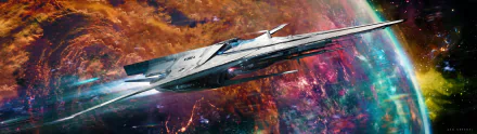 A sleek spaceship glides through a vibrant cosmic landscape, showcasing stunning colors and details. This HD desktop wallpaper captures the essence of sci-fi adventure.