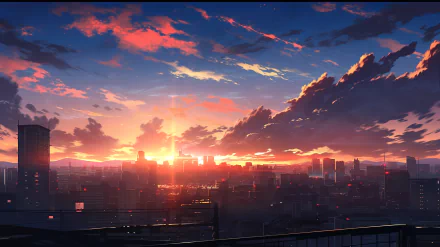 HD desktop wallpaper of a cyberpunk cityscape at sunset, with vibrant pink and orange skies over silhouetted skyscrapers.