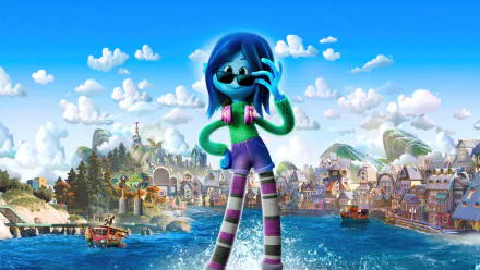 4K Ultra HD PC desktop wallpaper/background of Ruby Gillman from the movie Teenage Kraken — blue-haired teen kraken with sunglasses standing before a sunny coastal town