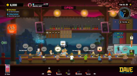 HD desktop wallpaper featuring a scene from the game Dave the Diver, showing a vibrant bar with characters interacting and various gameplay elements displayed on-screen.