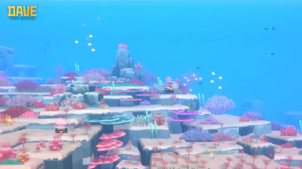 A vibrant underwater scene from the video game Dave the Diver, showcasing colorful corals, marine life, and serene blue waters, set as a stunning HD desktop wallpaper.