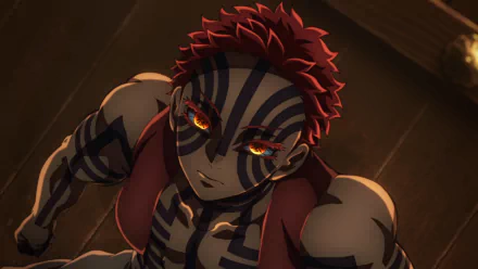 HD PC desktop wallpaper featuring Akaza from the anime Demon Slayer: Kimetsu no Yaiba, showcasing his distinctive red hair and bold blue striped markings.