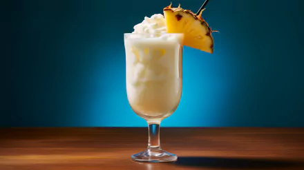 HD wallpaper of a Pina Colada in a glass, garnished with whipped cream and a pineapple slice, set against a blue background.