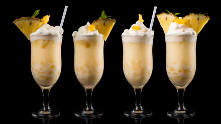HD wallpaper featuring four Pina Colada cocktails in tall glasses, adorned with whipped cream and pineapple slices, set against a black background.