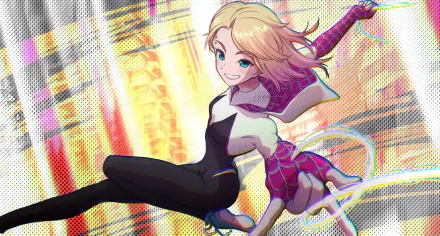 Gwen Stacy as Spider-Gwen from Spider-Man: Across the Spider-Verse in a dynamic pose with vibrant cityscape background, 4K Ultra HD PC desktop wallpaper.