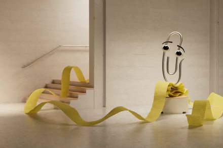 4K Ultra HD desktop wallpaper featuring the iconic Microsoft Office Clippy mascot holding headphones, surrounded by yellow paper stream in a minimalist, tech-inspired setting.