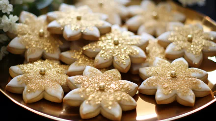 A close-up of beautifully decorated sugar cookies shaped like flowers, adorned with gold sprinkles and presented on a golden plate, creating a delightful and artistic food wallpaper.