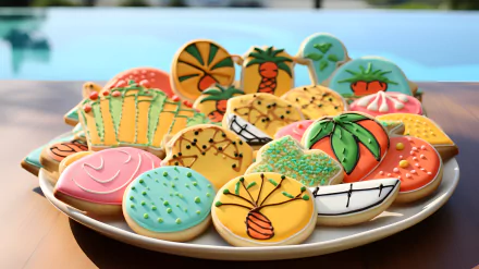 HD desktop wallpaper featuring a vibrant assortment of decorated sugar cookies on a plate, with a blurred poolside background.